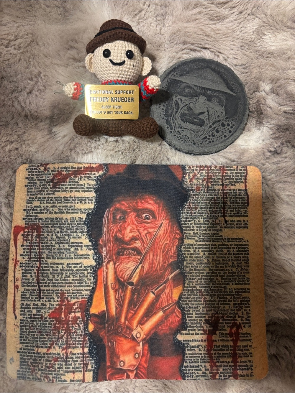 Freddy Krueger Desk Set: mouse pad, coaster and crochet plush!